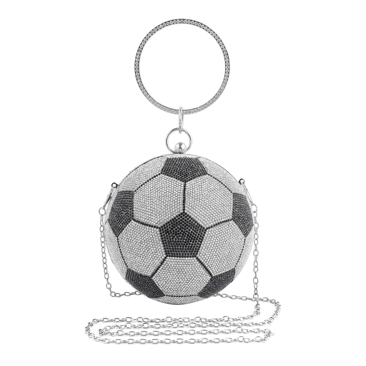 Black & White Crystal Basketball Shape Clutch Bag (D 5.5") wih Chain (47") and Hand Drop (3.25") image number 0
