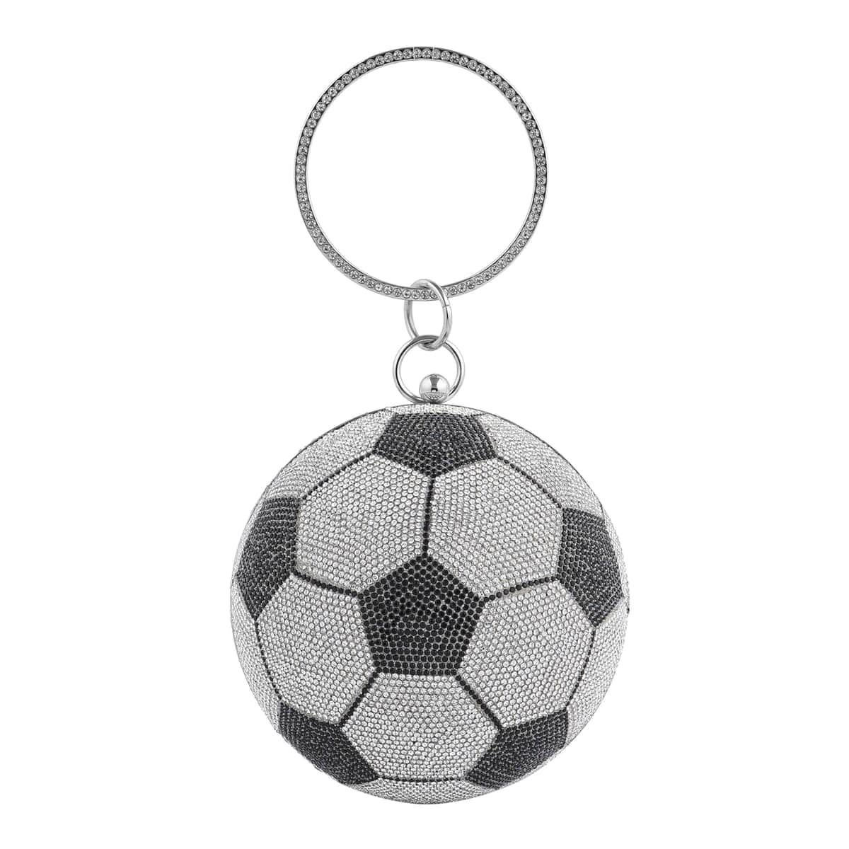 Black & White Crystal Basketball Shape Clutch Bag (D 5.5") wih Chain (47") and Hand Drop (3.25") image number 1