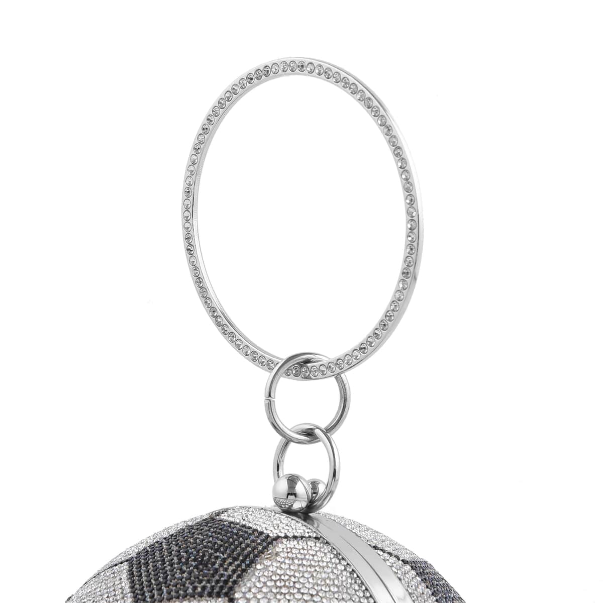 Black & White Crystal Basketball Shape Clutch Bag (D 5.5") wih Chain (47") and Hand Drop (3.25") image number 5