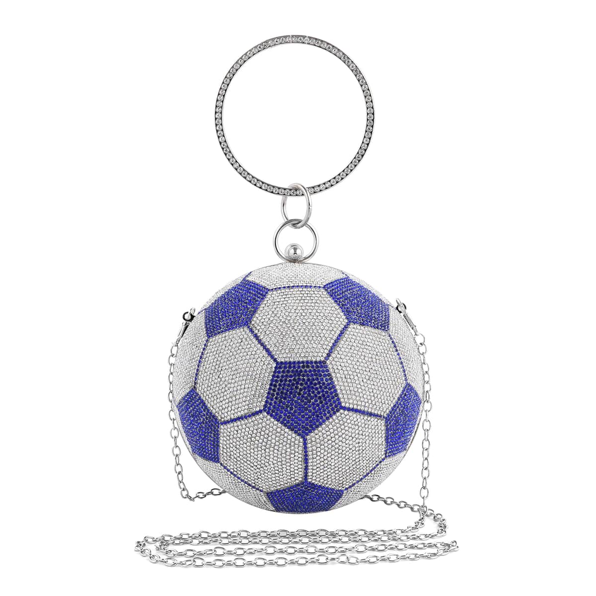 Blue and White Crystal Soccer Ball Shape Clutch Bag with Chain and Hand Drop image number 0