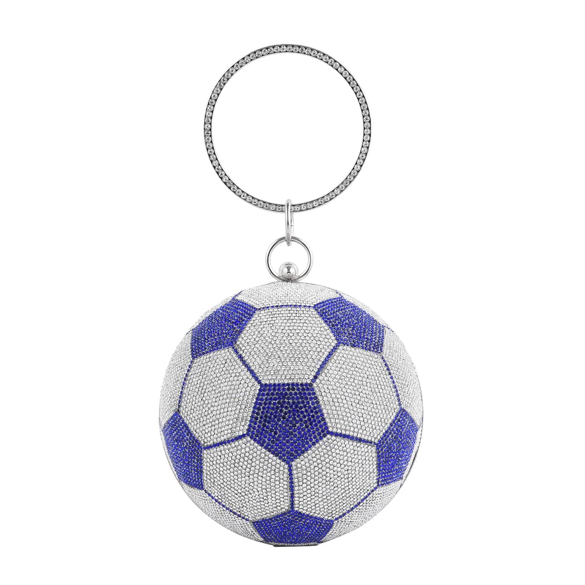 Blue and White Crystal Soccer Ball Shape Clutch Bag with Chain and Hand Drop image number 1