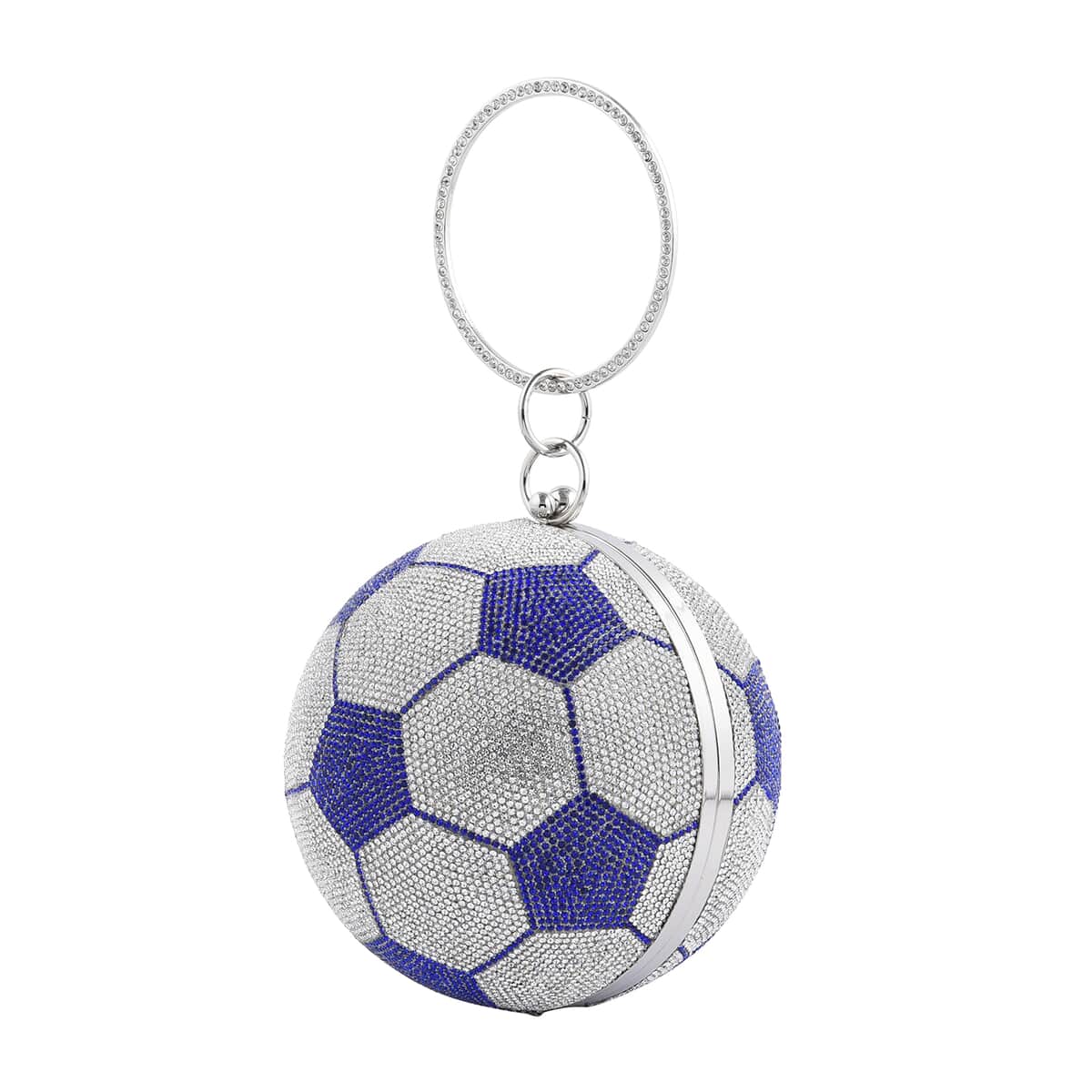 Blue and White Crystal Soccer Ball Shape Clutch Bag with Chain and Hand Drop image number 2