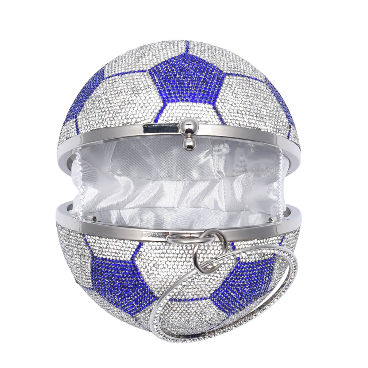 Blue and White Crystal Soccer Ball Shape Clutch Bag with Chain and Hand Drop image number 4