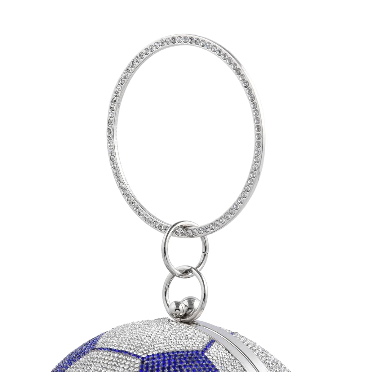 Blue and White Crystal Soccer Ball Shape Clutch Bag with Chain and Hand Drop image number 5