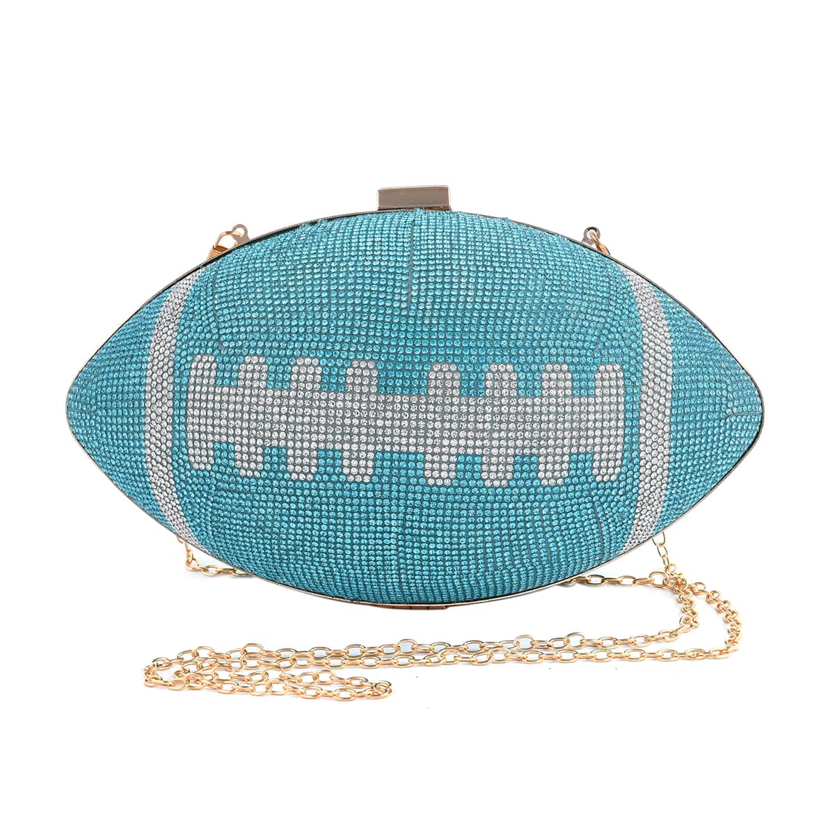 Blue Crystal Rugby Ball Shape Clutch Bag (9.5"x5.5") with Chain 47" image number 0