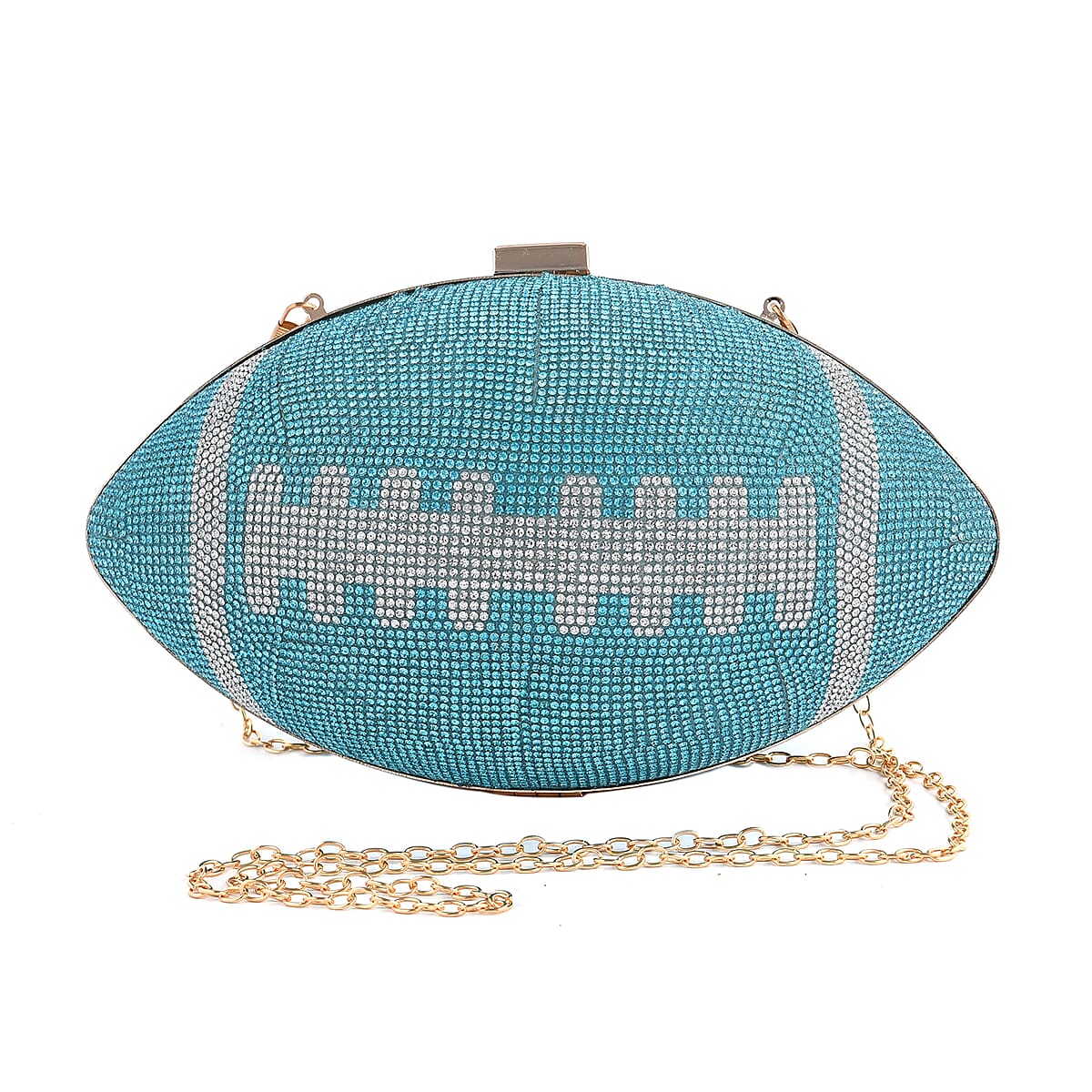 Blue Crystal Rugby Ball Shape Clutch Bag (9.5"x5.5") with Chain 47" image number 0