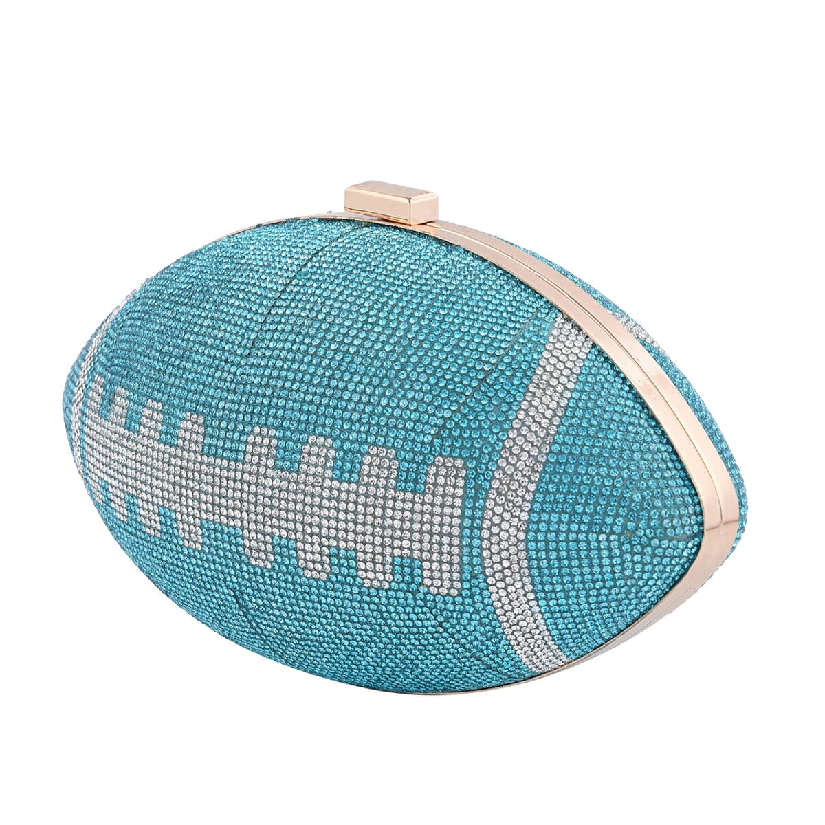 Blue Crystal Rugby Ball Shape Clutch Bag (9.5"x5.5") with Chain 47" image number 2