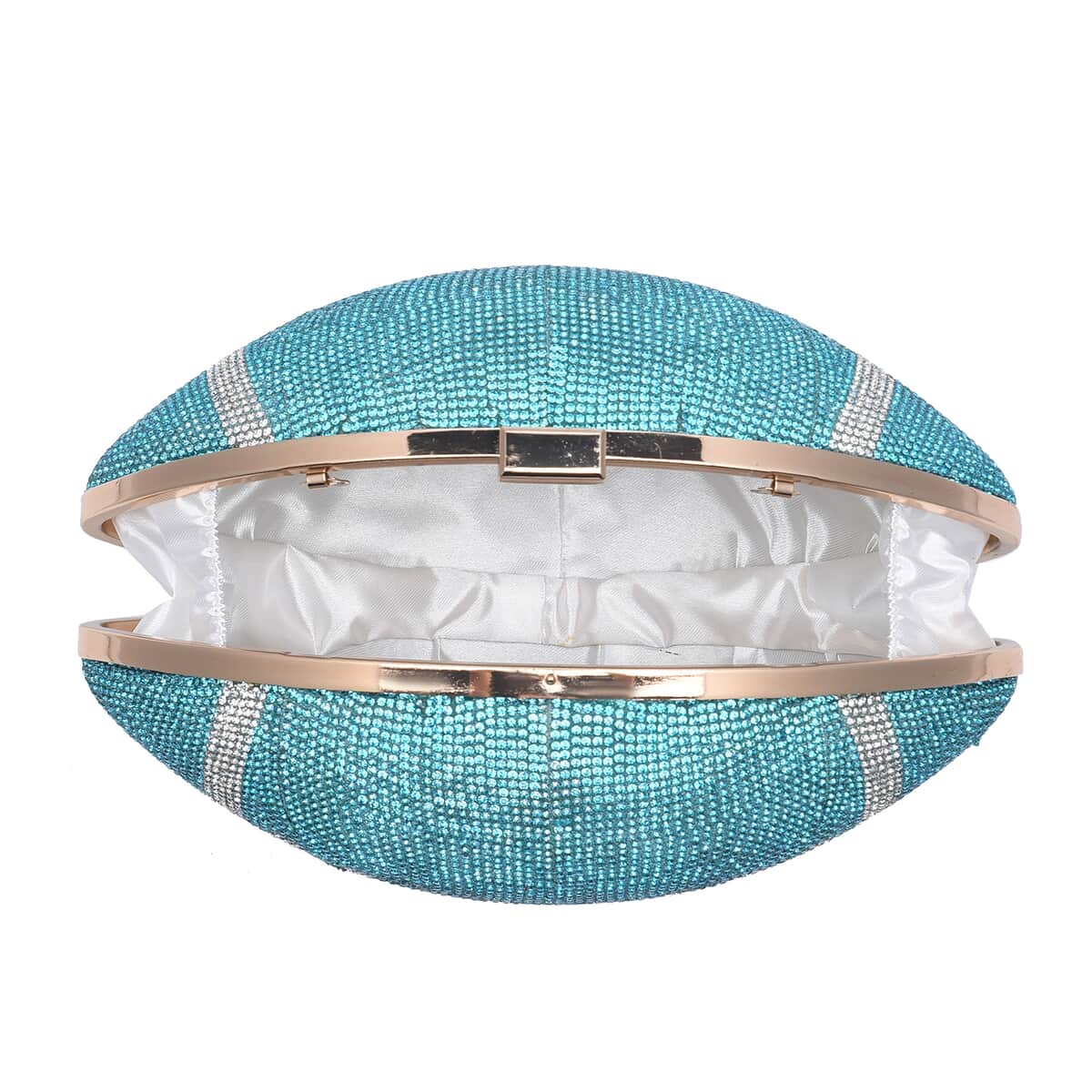 Blue Crystal Rugby Ball Shape Clutch Bag (9.5"x5.5") with Chain 47" image number 4