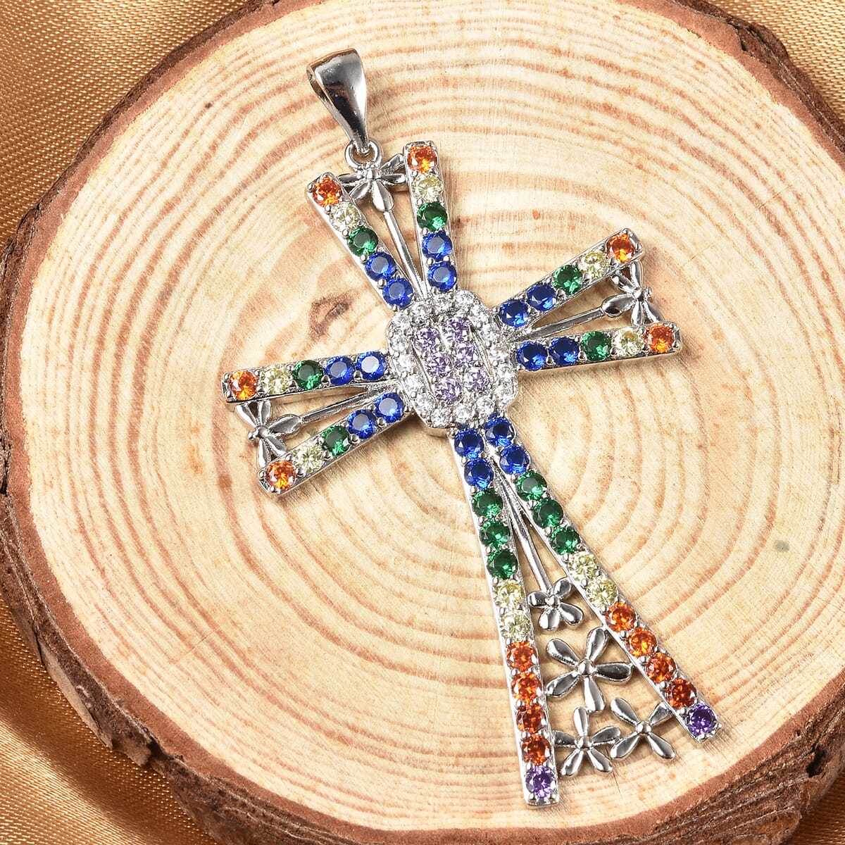 Simulated Multi Color Diamond Cross Pendant in Silvertone 4.25 ctw image number 1