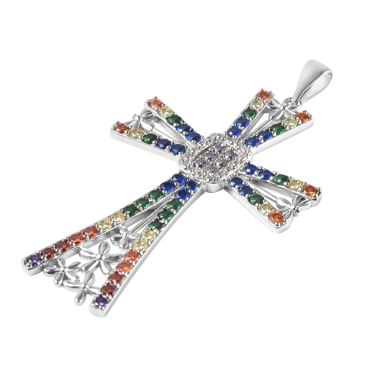 Simulated Multi Color Diamond Cross Pendant in Silvertone 4.25 ctw image number 2