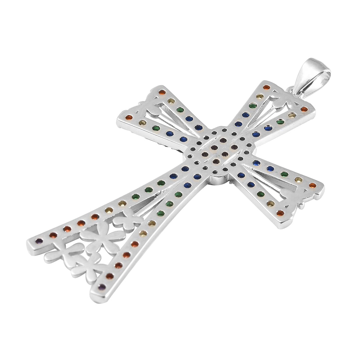 Simulated Multi Color Diamond Cross Pendant in Silvertone 4.25 ctw image number 3