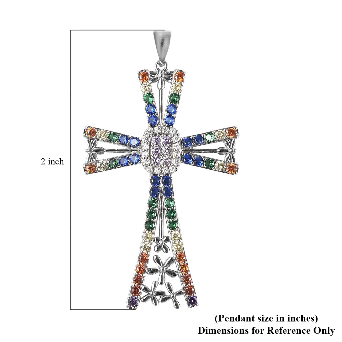 Simulated Multi Color Diamond Cross Pendant in Silvertone 4.25 ctw image number 4