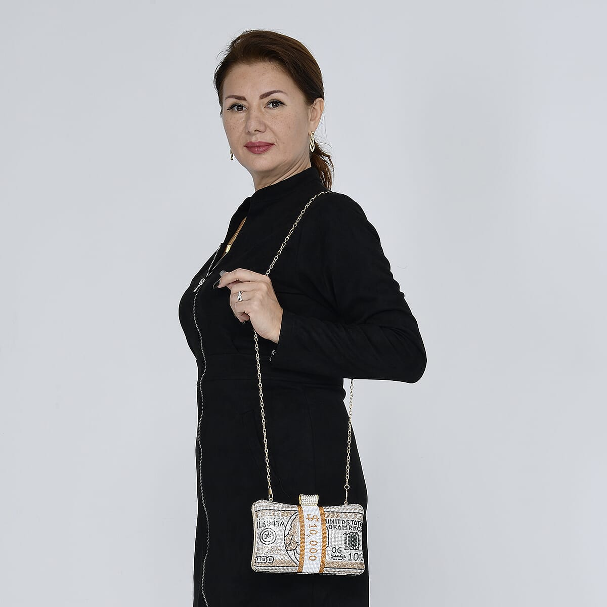 Golden Crystal Dollar Shape Clutch Bag for Women with Detachable Chain Strap | Women Purse | Designer Bags | Ladies Purse | Handbags for Women image number 1