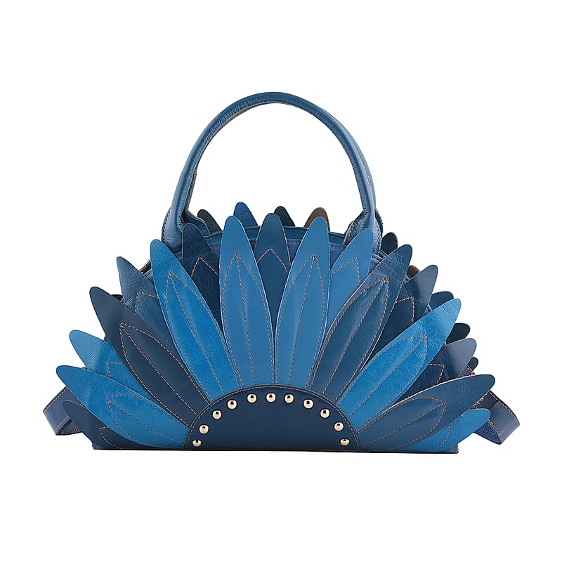 CHAOS By Elsie Blue Solid Genuine Leather Flower-shaped Tote Bag with Handle Drop and Shoulder Strap