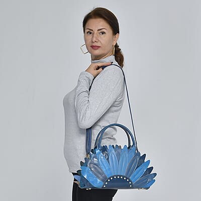 CHAOS By Elsie Blue Solid Genuine Leather Flower-shaped Tote Bag with Handle Drop and Shoulder Strap