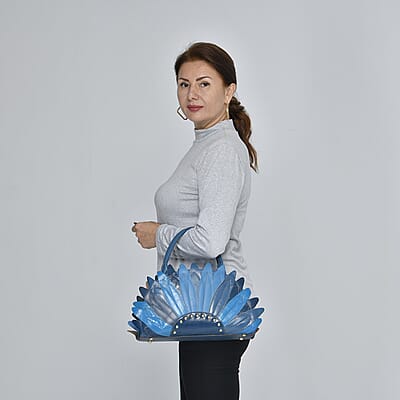 CHAOS By Elsie Blue Solid Genuine Leather Flower-shaped Tote Bag with Handle Drop and Shoulder Strap