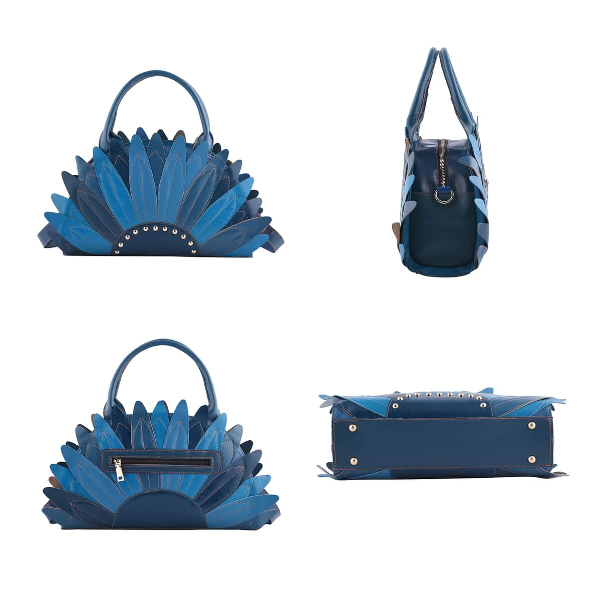 CHAOS By Elsie Blue Solid Genuine Leather Flower-shaped Tote Bag with Handle Drop and Shoulder Strap image number 3