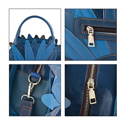 CHAOS By Elsie Blue Solid Genuine Leather Flower-shaped Tote Bag with Handle Drop and Shoulder Strap