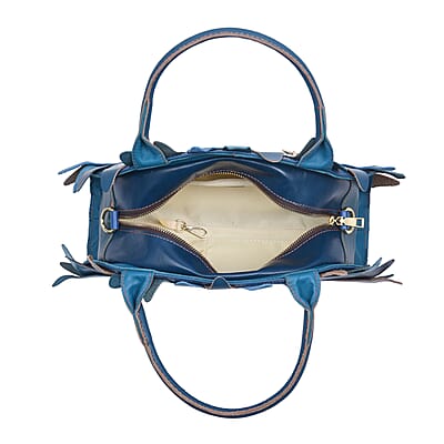 CHAOS By Elsie Blue Solid Genuine Leather Flower-shaped Tote Bag with Handle Drop and Shoulder Strap