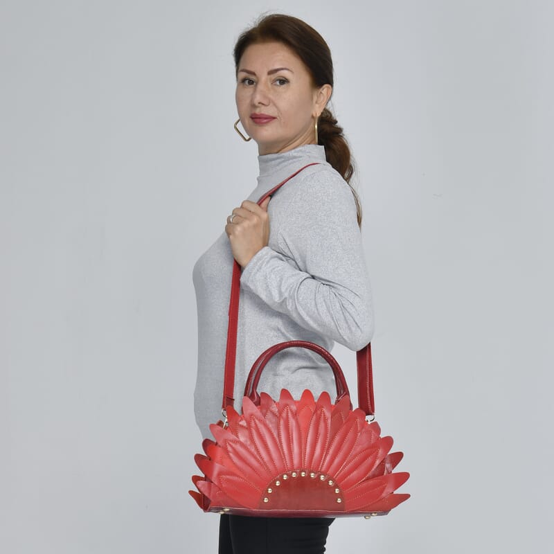 CHAOS By Elsie Red Solid Genuine Leather Flower-shaped Tote Bag with Handle Drop and Shoulder Strap