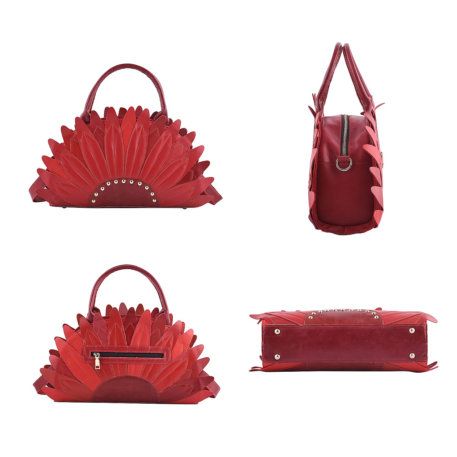 CHAOS By Elsie Red Solid Genuine Leather Flower-shaped Tote Bag with Handle Drop and Shoulder Strap