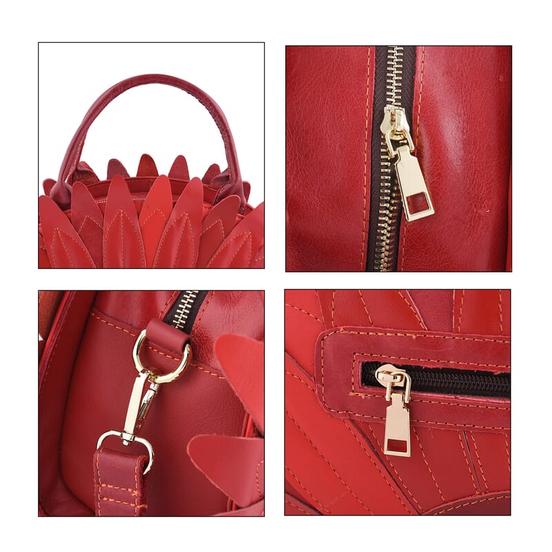 CHAOS By Elsie Red Solid Genuine Leather Flower-shaped Tote Bag with Handle Drop and Shoulder Strap