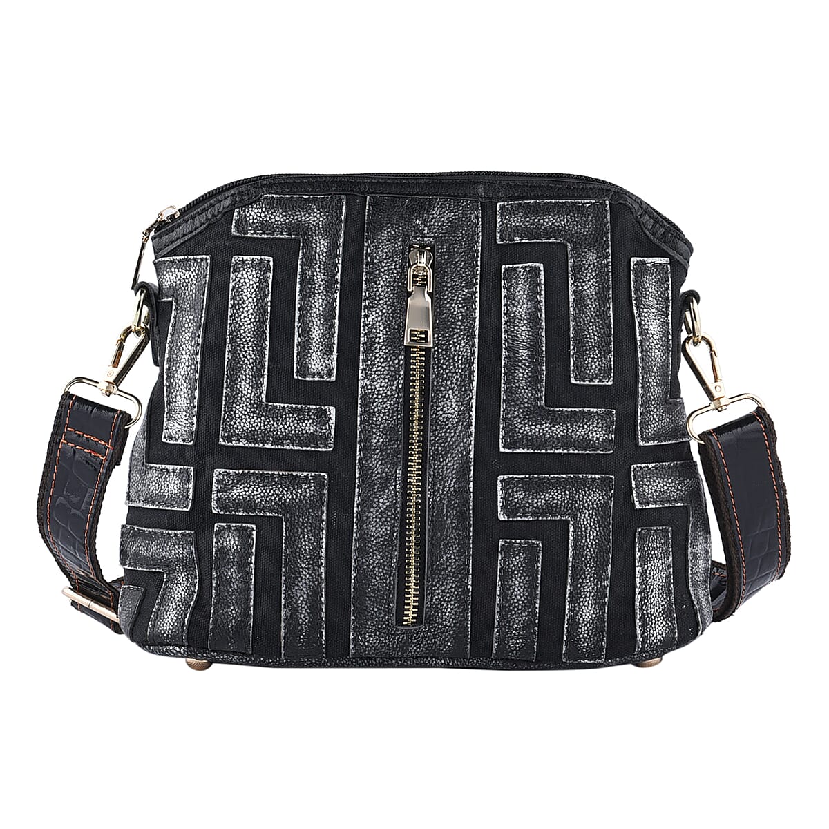 CHAOS BY ELSIE Silver and Black Color Fret Pattern Genuine Leather Crossbody Tote Bag with Shoulder Strap image number 0