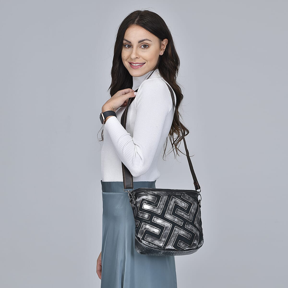 CHAOS BY ELSIE Silver and Black Color Fret Pattern Genuine Leather Crossbody Tote Bag with Shoulder Strap image number 1