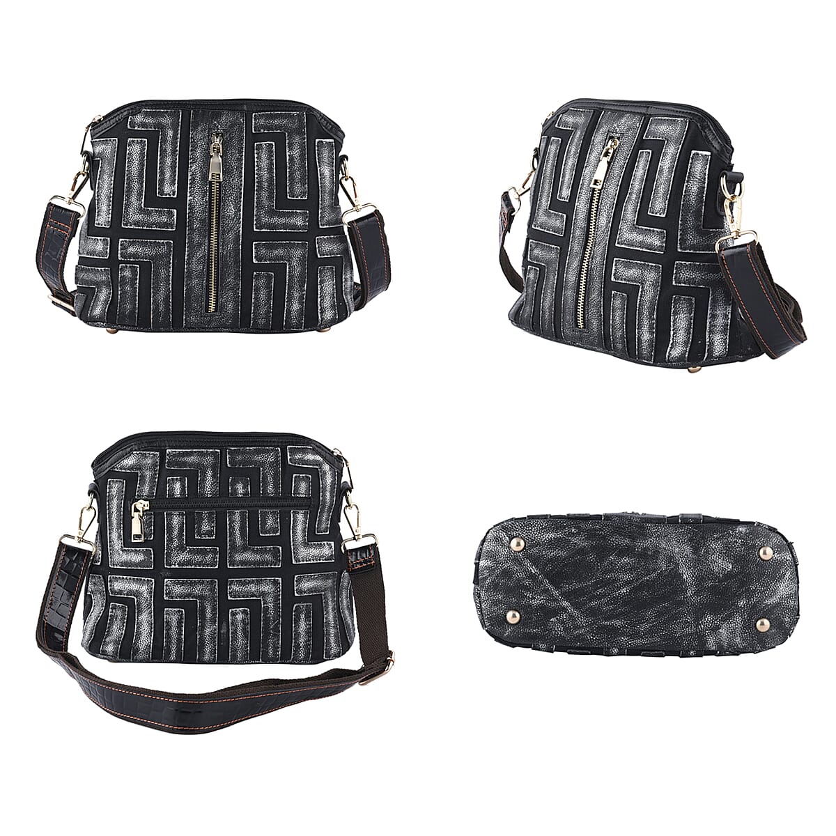 CHAOS BY ELSIE Silver and Black Color Fret Pattern Genuine Leather Crossbody Tote Bag with Shoulder Strap image number 3