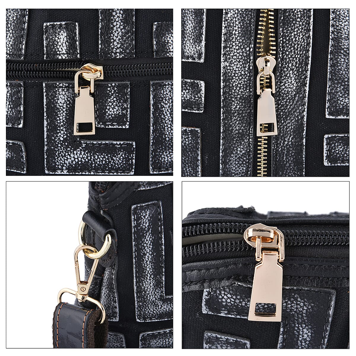 CHAOS BY ELSIE Silver and Black Color Fret Pattern Genuine Leather Crossbody Tote Bag with Shoulder Strap image number 4