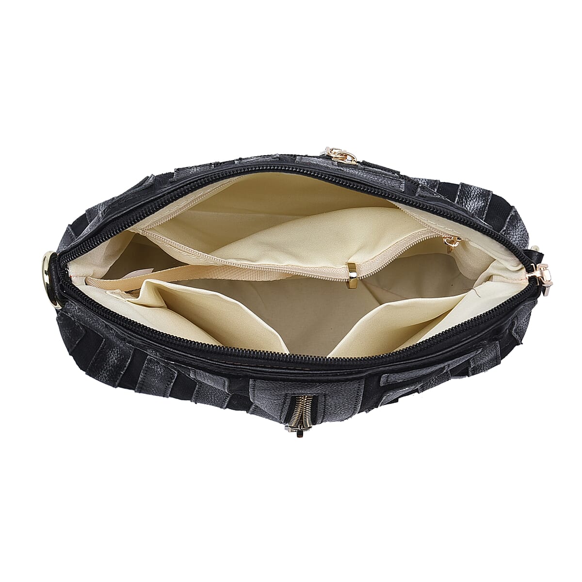 CHAOS BY ELSIE Silver and Black Color Fret Pattern Genuine Leather Crossbody Tote Bag with Shoulder Strap image number 5