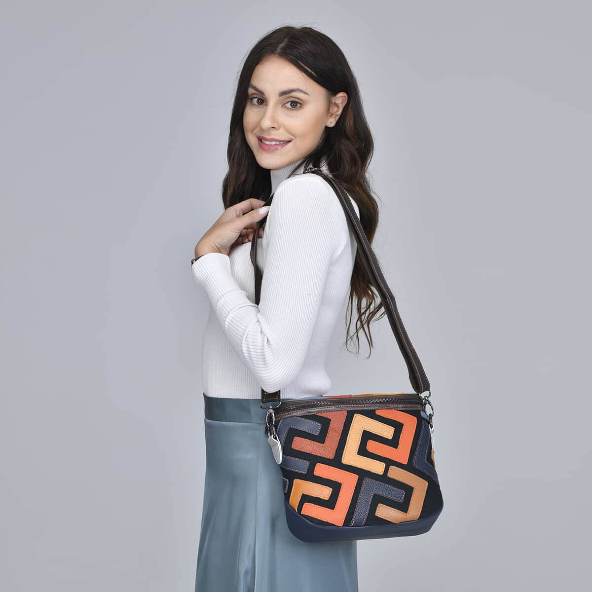 CHAOS BY ELSIE Multi Color Fret Pattern Genuine Leather Crossbody Bag with Shoulder Strap (9.84"x3.15"x8.27") image number 1