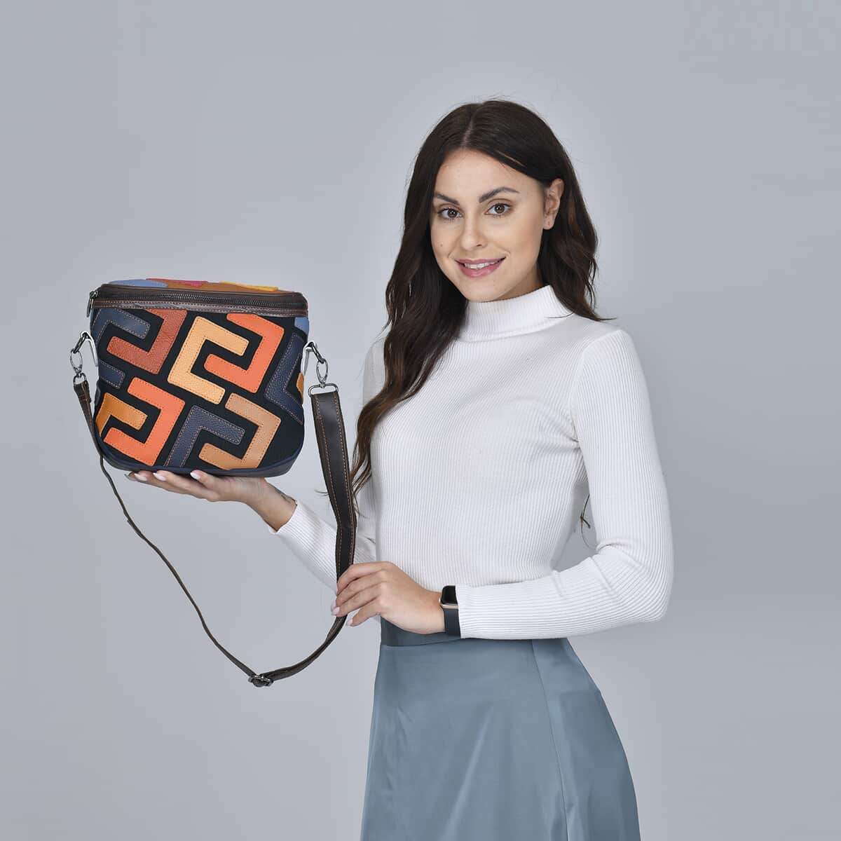 CHAOS BY ELSIE Multi Color Fret Pattern Genuine Leather Crossbody Bag with Shoulder Strap (9.84"x3.15"x8.27") image number 2