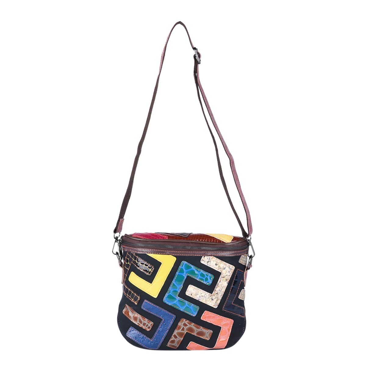 CHAOS BY ELSIE Multi Color Fret Pattern Genuine Leather Crossbody Bag with Shoulder Strap image number 0