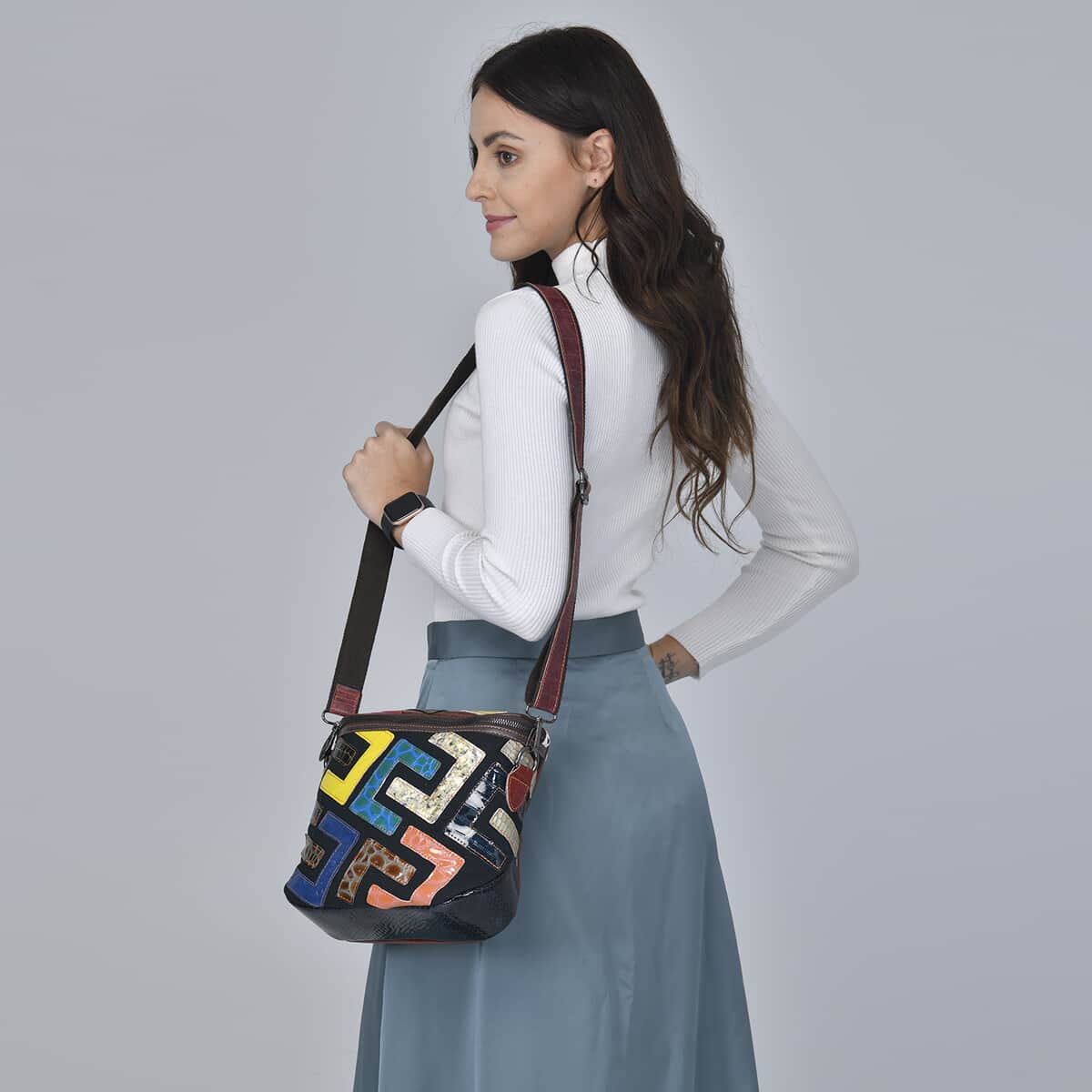 CHAOS BY ELSIE Multi Color Fret Pattern Genuine Leather Crossbody Bag with Shoulder Strap image number 1