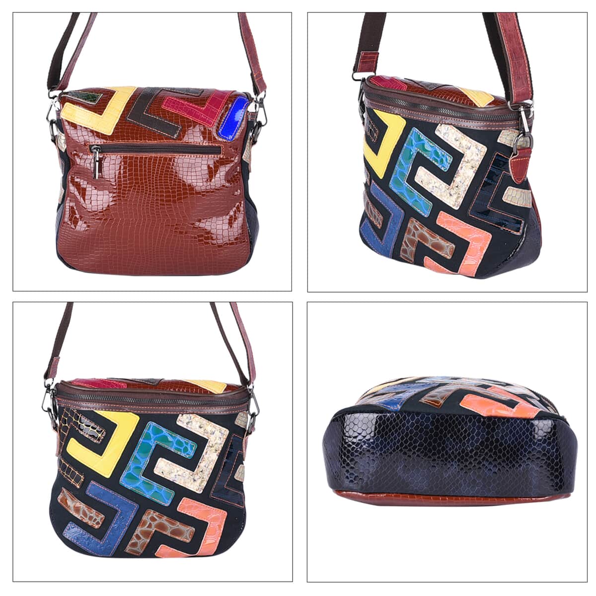 CHAOS BY ELSIE Multi Color Fret Pattern Genuine Leather Crossbody Bag with Shoulder Strap image number 3