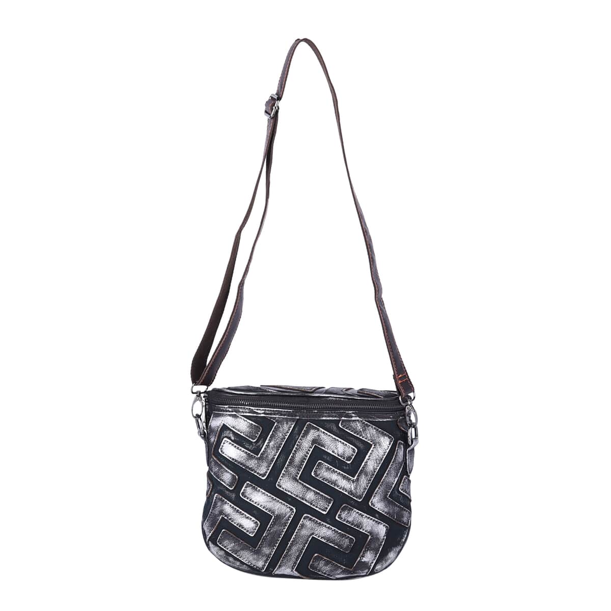 CHAOS BY ELSIE Silver and Black Color Fret Pattern Genuine Leather Crossbody Tote Bag with Shoulder Strap image number 0