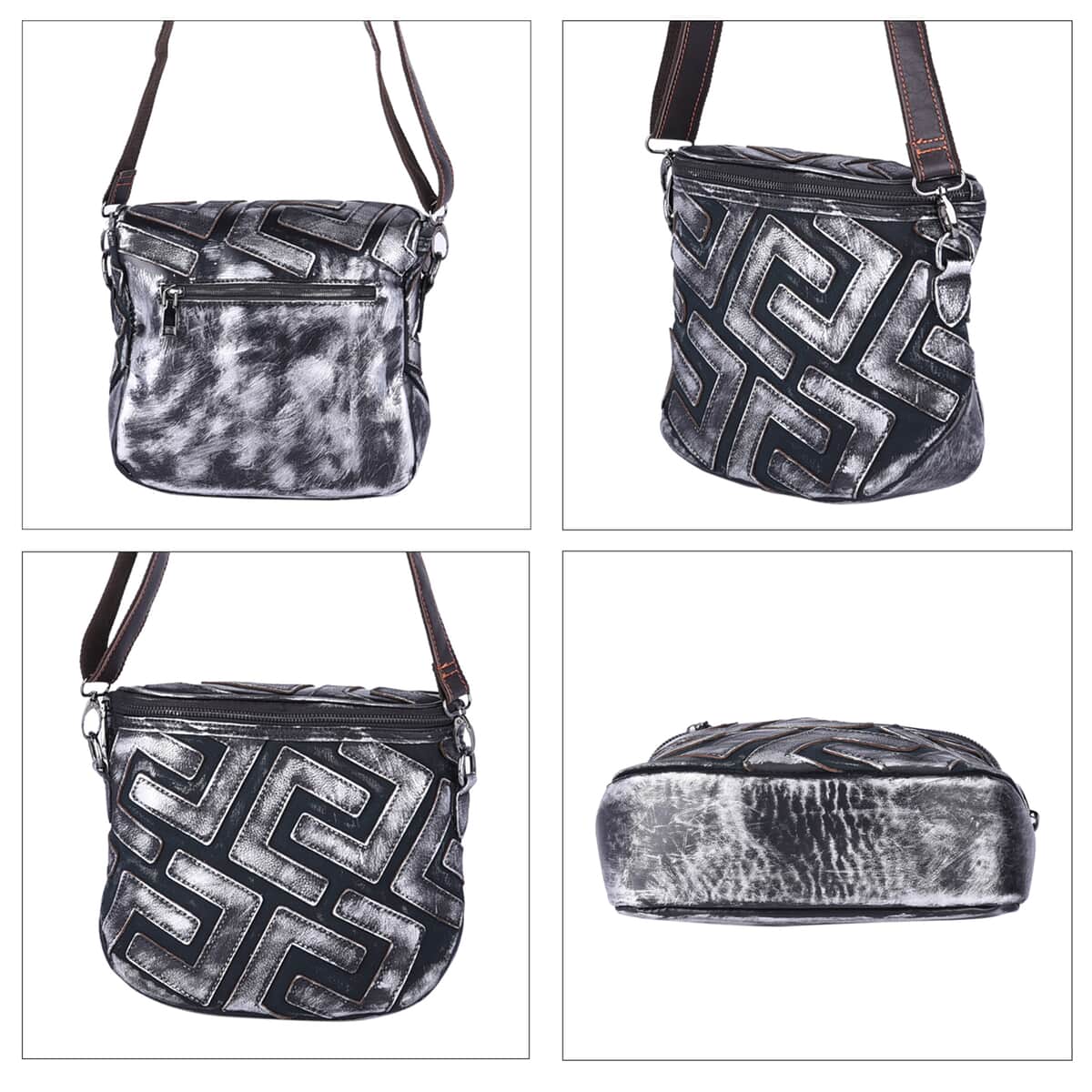 CHAOS BY ELSIE Silver and Black Color Fret Pattern Genuine Leather Crossbody Tote Bag with Shoulder Strap image number 3