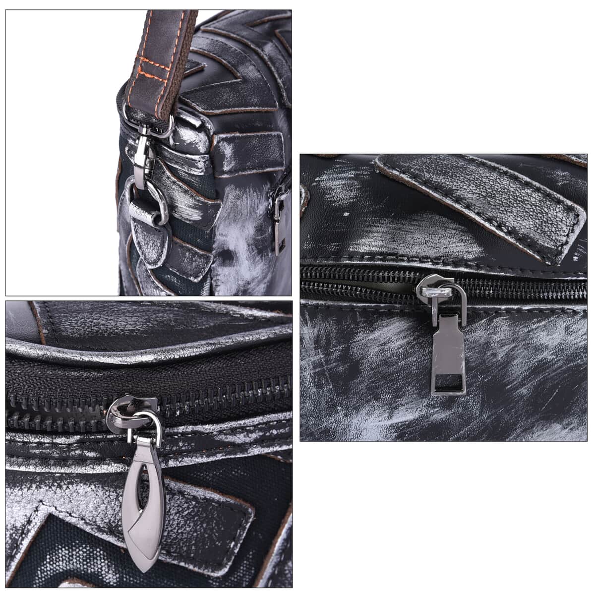 CHAOS BY ELSIE Silver and Black Color Fret Pattern Genuine Leather Crossbody Tote Bag with Shoulder Strap image number 4