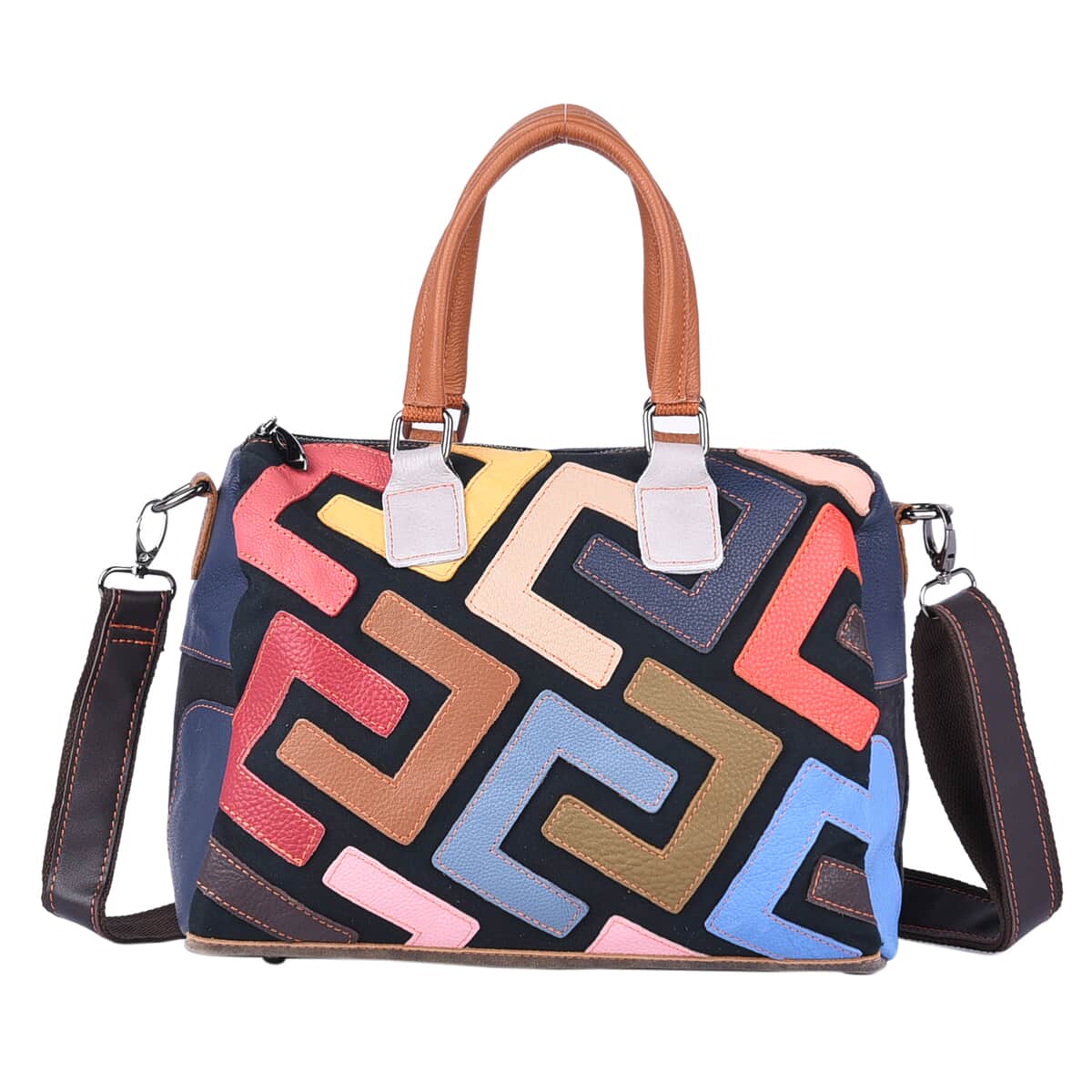 CHAOS BY ELSIE Multi Solid Color Fret Pattern Genuine Leather Convertible Tote Bag with Handle and Shoulder Straps (11.4"x4.72"x9.45") image number 0