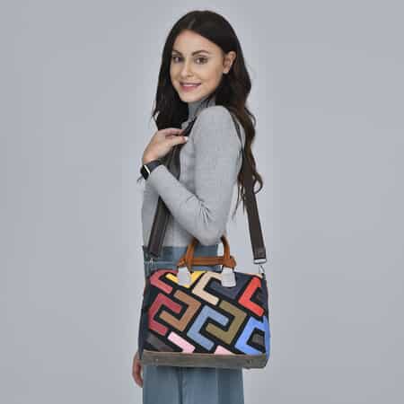 CHAOS BY ELSIE Multi Solid Color Fret Pattern Genuine Leather Convertible Tote Bag with Handle and Shoulder Straps (11.4"x4.72"x9.45") image number 1