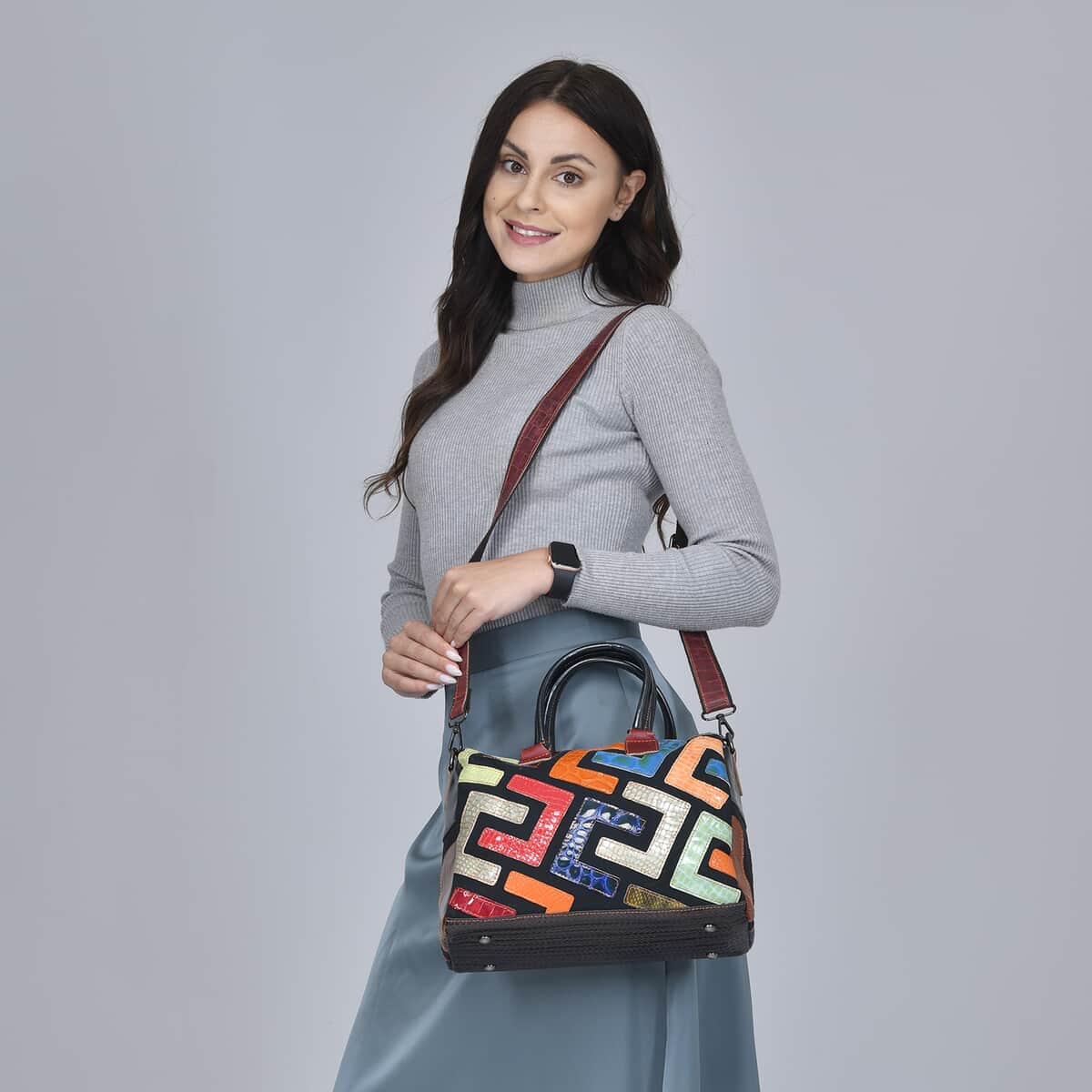 CHAOS By Elsie Multi Shining Color Fret Pattern Genuine Leather Convertible Tote Bag with Handle and Shoulder Straps image number 1
