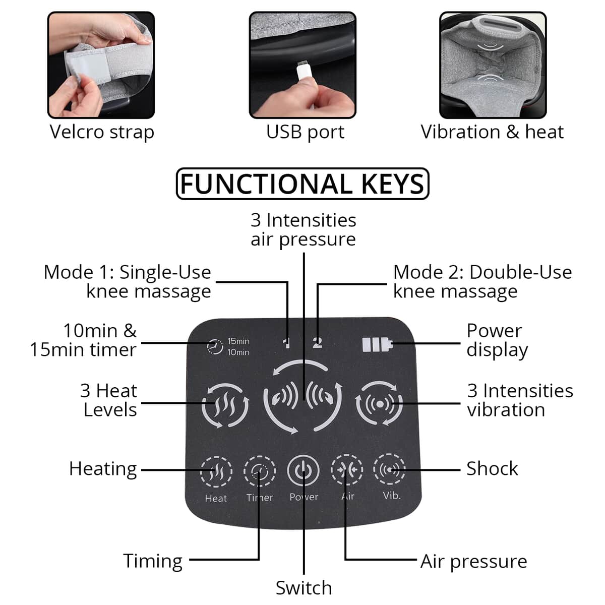 Black Electric Heated & Air Pressure & Vibration Knee Massager (7.6"x6.61"x5.67") image number 2