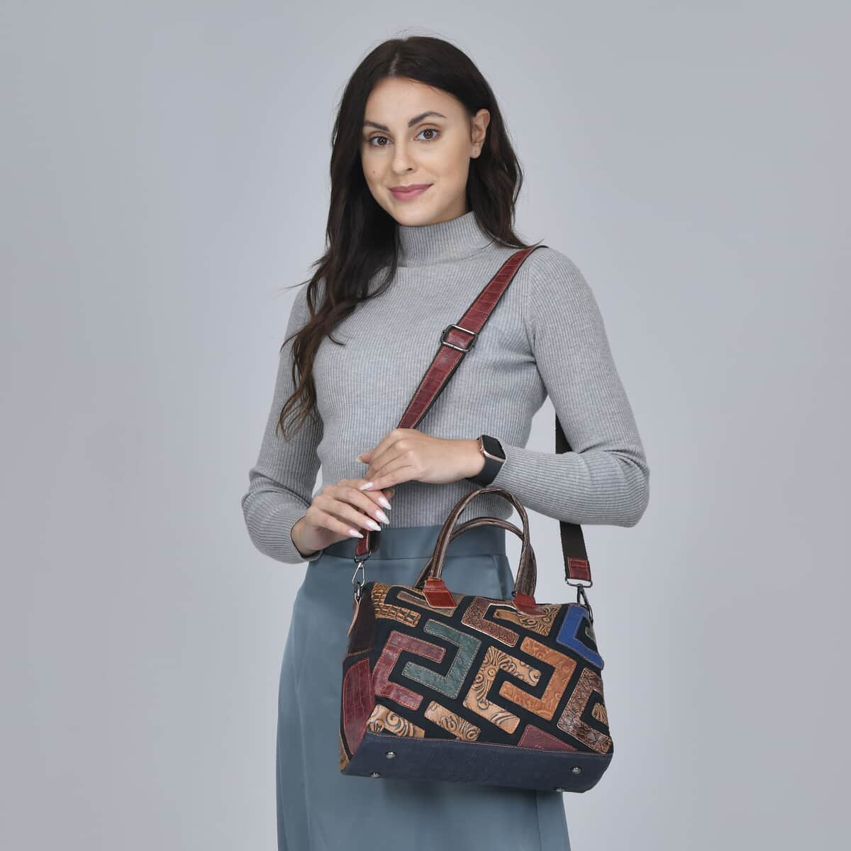 CHAOS BY ELSIE Multi Horsehair Color Fret Pattern Genuine Leather Convertible Tote Bag with Handle and Shoulder Straps image number 1