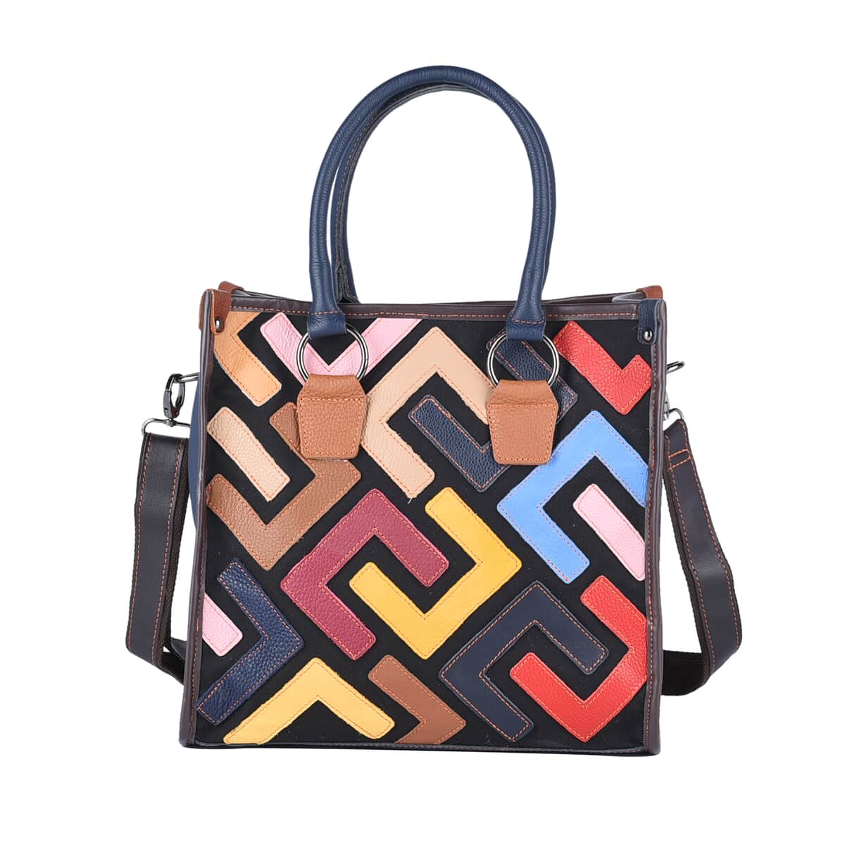 Chaos By Elsie Multi Solid Color Fret Pattern Genuine Leather Convertible Tote Bag with Handle and Shoulder Strap image number 0