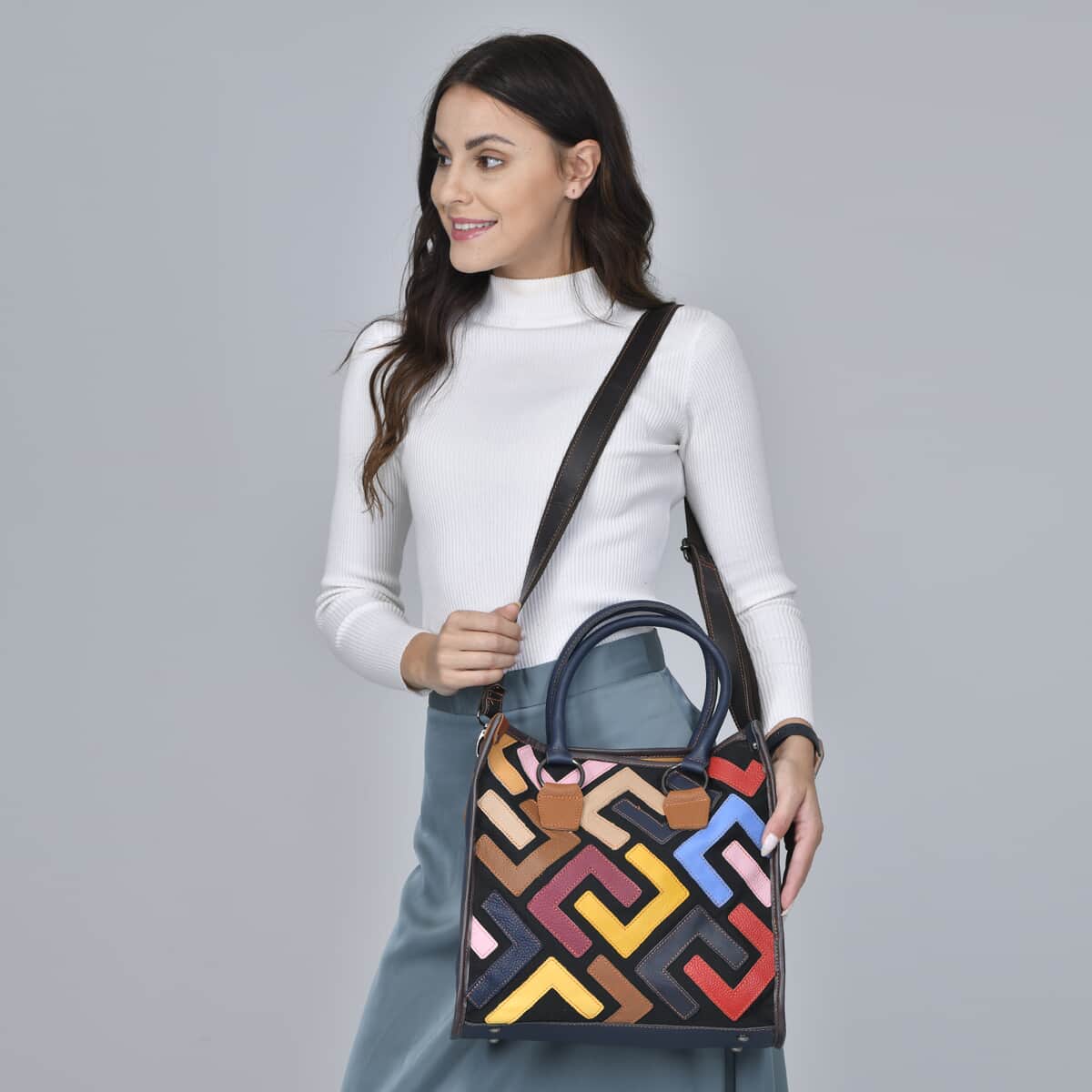 Chaos By Elsie Multi Solid Color Fret Pattern Genuine Leather Convertible Tote Bag with Handle and Shoulder Strap image number 1