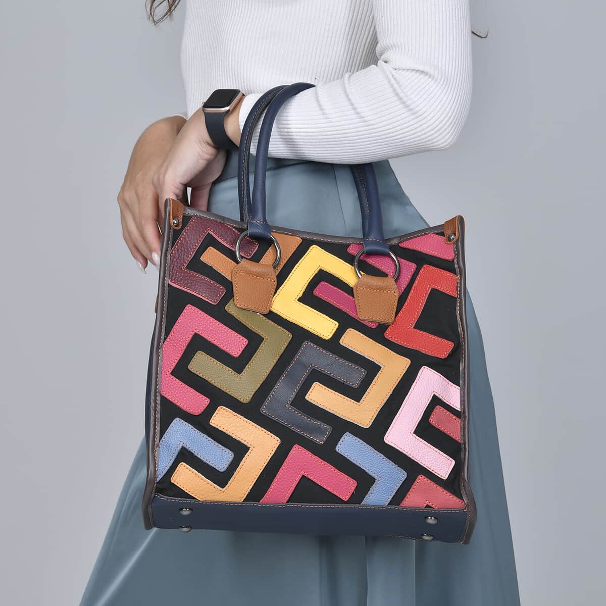 Chaos By Elsie Multi Solid Color Fret Pattern Genuine Leather Convertible Tote Bag with Handle and Shoulder Strap image number 2