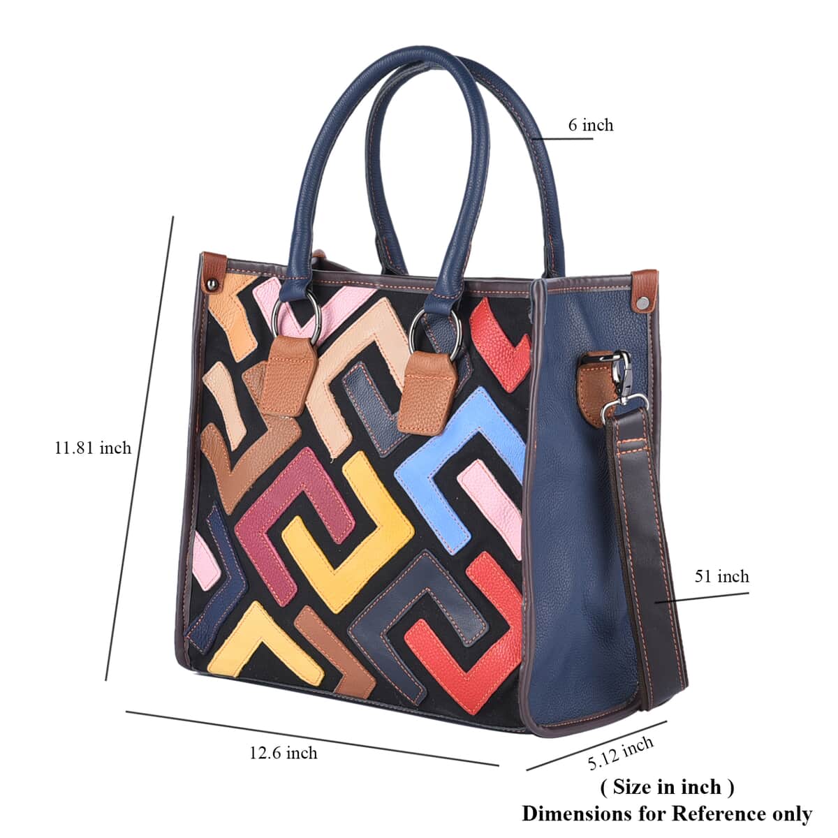 Chaos By Elsie Multi Solid Color Fret Pattern Genuine Leather Convertible Tote Bag with Handle and Shoulder Strap image number 6