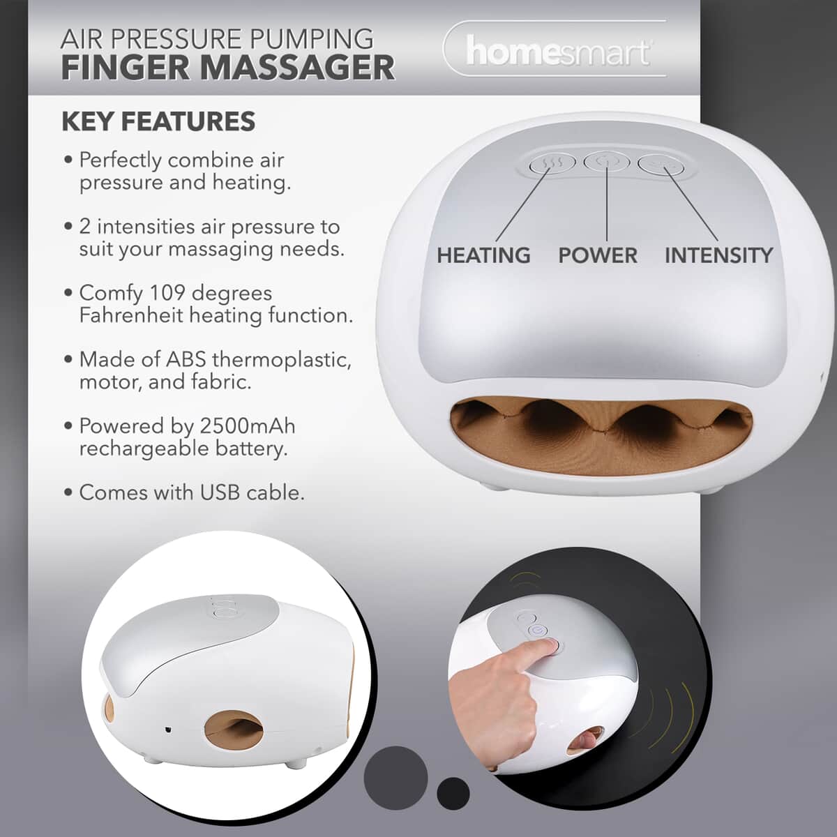 White Finger Air Pressure Pumping Hand Massager with Rechargeable Battery 2500mAh & USB Cable image number 2