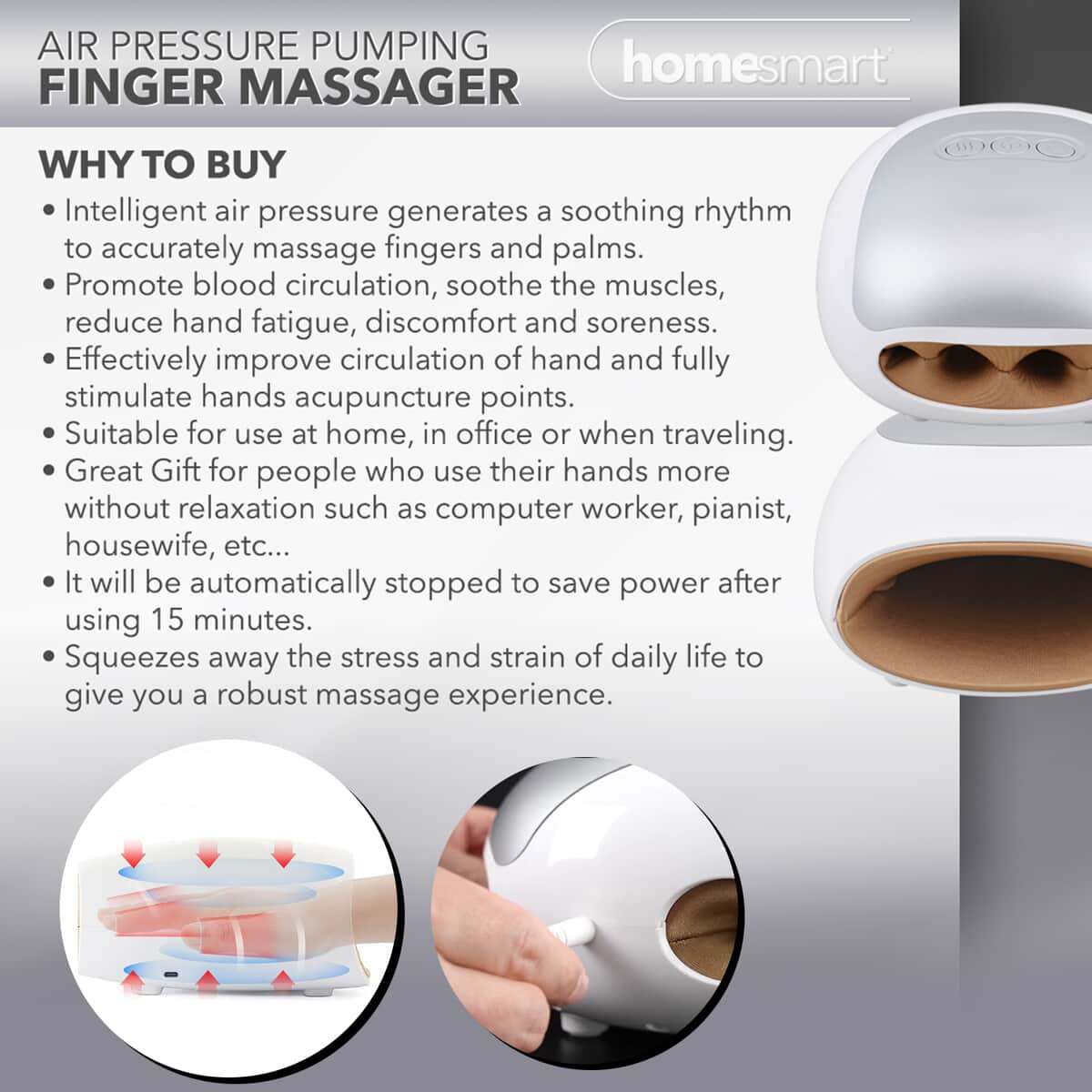 White Finger Air Pressure Pumping Hand Massager with Rechargeable Battery 2500mAh & USB Cable image number 3
